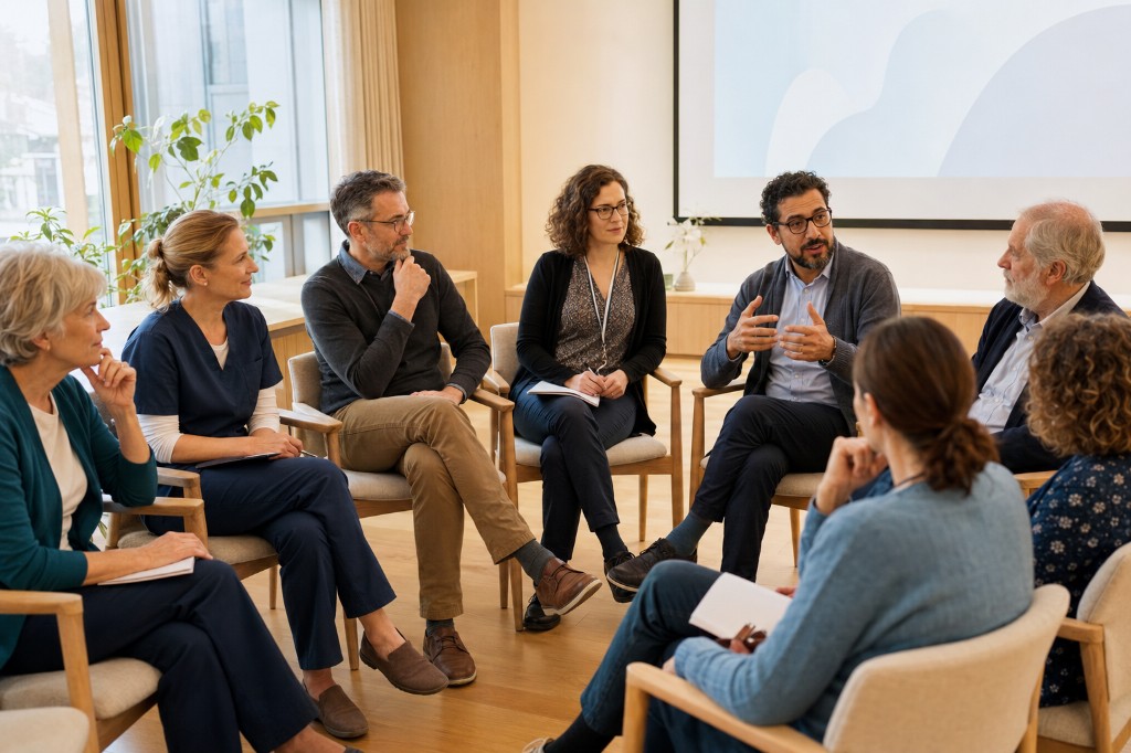 Interprofessionelle Runde im Gesundheitswesen: Fachpersonen — darunter Pflegefachpersonen — im Austausch